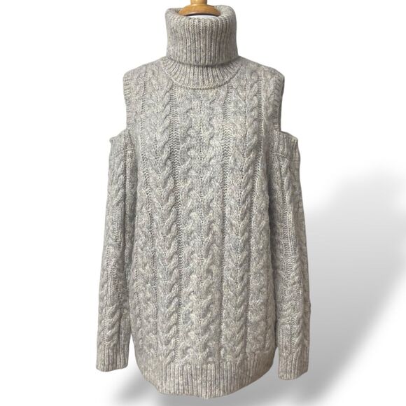 Zara Sweater Turtleneck Fisherman Cable Knit Women Size S Gray Cut Out Shoulder - Picture 1 of 7